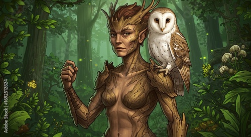 Mystical Forest Guardian with Owl: Fantasy Illustration of Nature's Protector.