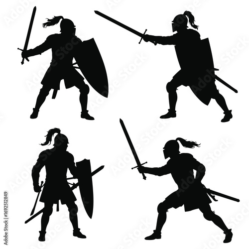 Silhouette medieval knights fighting with swords and shields action poses set silhouette vector illustration white background
