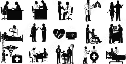 Medical healthcare icons, doctor patient consultation, hospital care, health monitoring, medical checkup, emergency care, doctor examination, medical treatment, health services, healthcare professiona