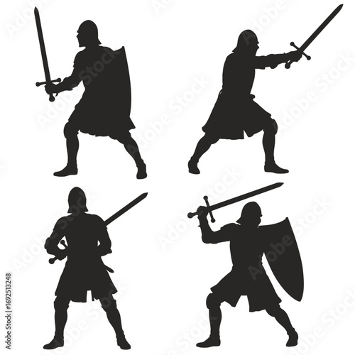 Four silhouette medieval knights in dynamic poses holding swords and shields silhouette vector illustration white background