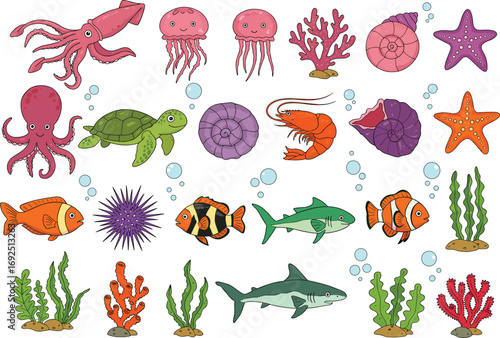Colorful cartoon sea animals vector set, underwater creatures, coral reef marine life, fish, turtle, shark, octopus, shellfish, kids educational illustration