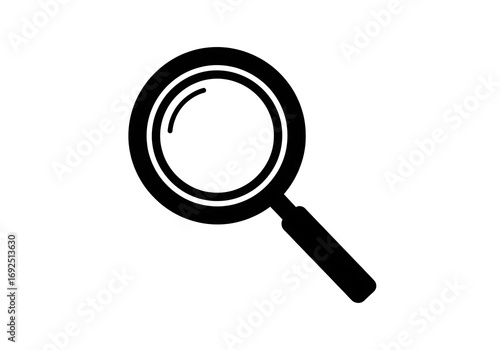 Simple black magnifying glass icon symbolizing search, investigation, and discovery. Flat vector loupe graphic for business and research concepts, isolated on a white background