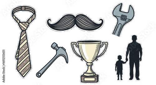 Illustration of father's day elements including tie mustache and trophy