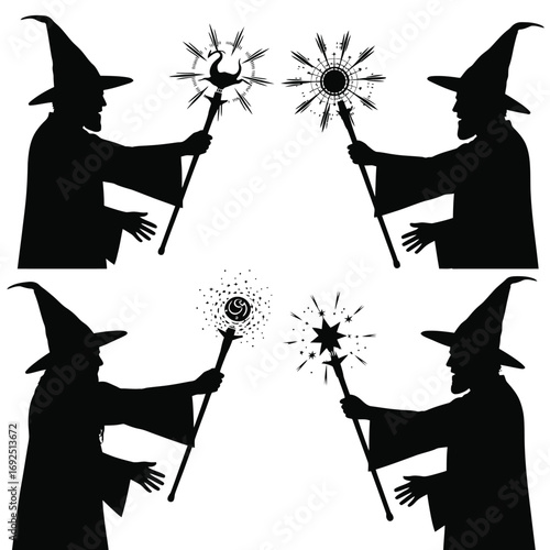 Silhouette of wizards casting spells with magical wands and energy burst effects silhouette vector illustration white background