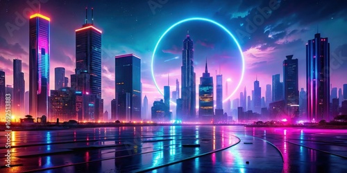 Wallpaper Mural Futuristic Cityscape at Night with Vibrant Neon Lights and a Glowing Circular Halo in the Sky Torontodigital.ca
