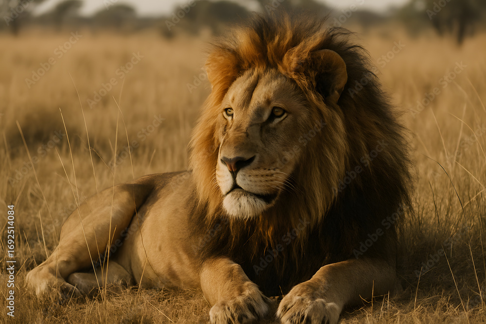 Fototapeta premium Majestic lion lying on grass in African savanna wildlife photography