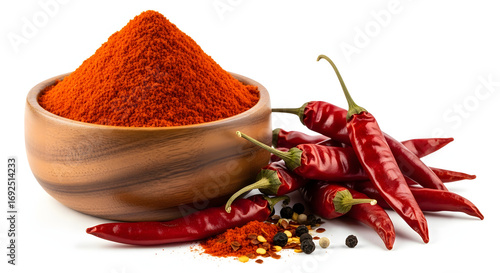 A wooden bowl filled with vibrant red chili powder, alongside fresh red chili peppers and peppercorns, isolated on a white background