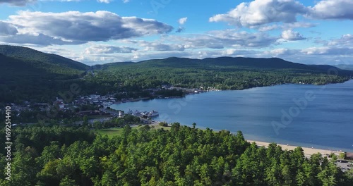 Lake George, New York, USA - August 26, 2025: Afternoon aerial summer video of the area surrounding the Lake George, NY,