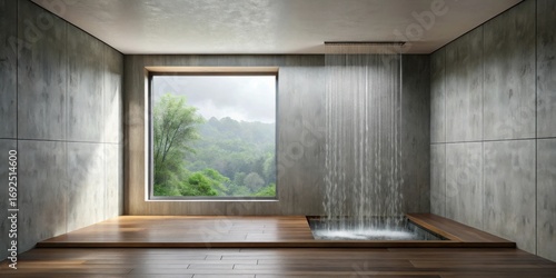 Serene indoor waterfall shower with expansive window view of lush green landscape