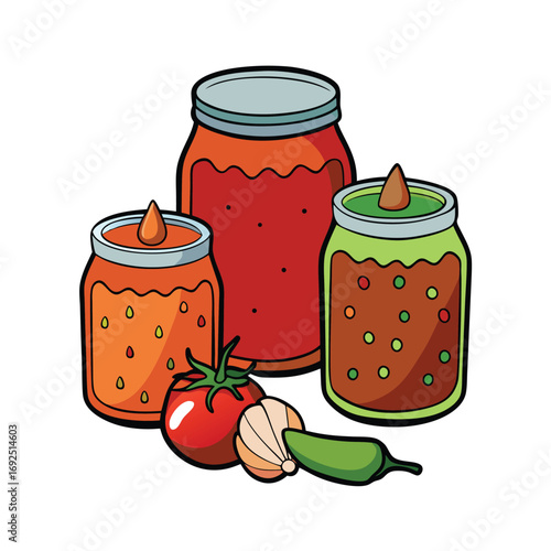 Colorful mexican salsa jars filled with fresh ingredients and spices for culinary design