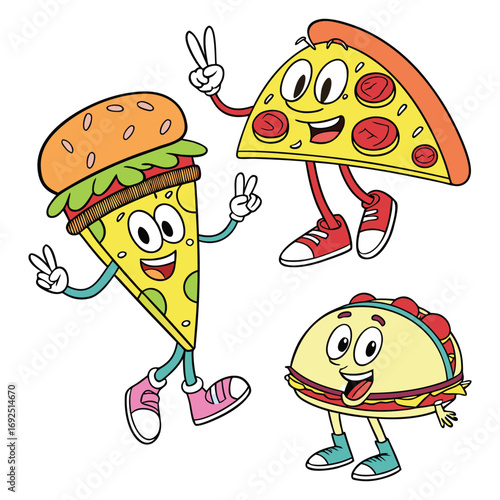 A set of funny cartoon vector pizzas with a boy, fish, and alien enjoying their food illustration