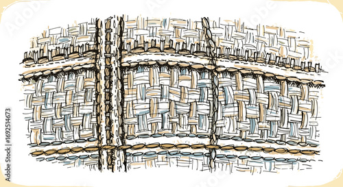 Close up of woven fabric with vertical seams and horizontal embellishments