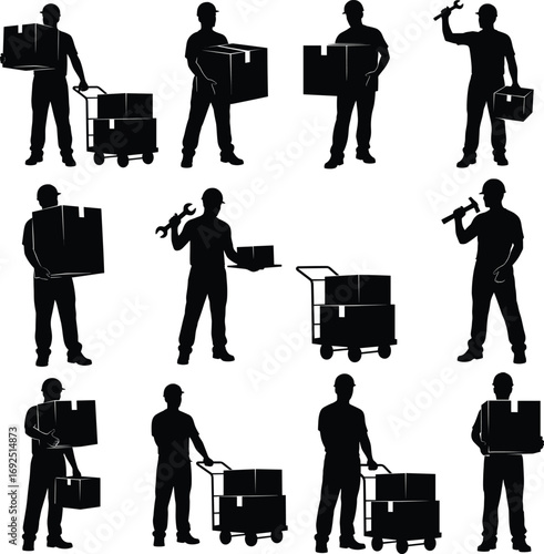 Silhouettes of workers carrying boxes, moving packages, using tools, warehouse labor, manual work, delivery service, logistics, industrial workers, safety helmets, hard hats