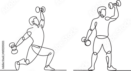 Continuous line art of person lifting dumbbell minimal fitness training symbol vector illustration