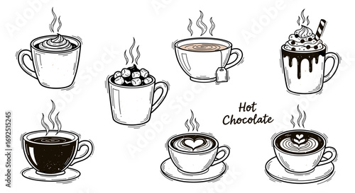 Illustration of seven different hot chocolate drinks with steam rising up