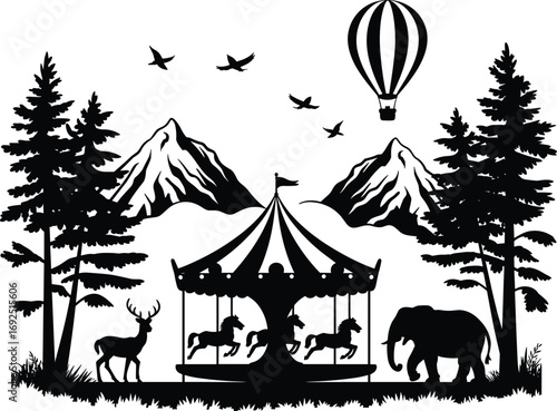 Silhouette of carousel with horses, surrounded by forest trees, mountain landscape, hot air balloon, wildlife, birds flying, outdoor adventure, nature scene, animals