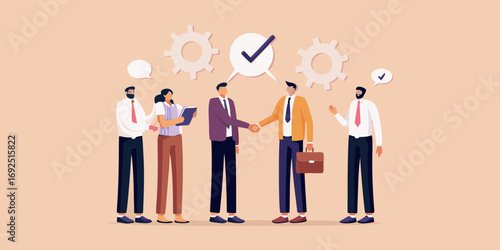 Business partners shaking hands and agreeing on a deal with gears and checkmarks symbolizing success and collaboration