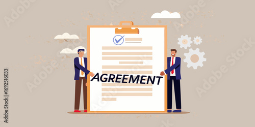 Two businessmen holding a large agreement document with the word agreement written on it