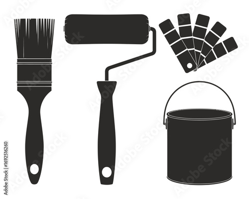 Set of painting tools including brush roller paint swatch and bucket silhouette vector illustration white background
