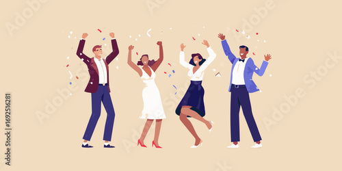 Diverse group of four people celebrating and dancing with confetti falling around them