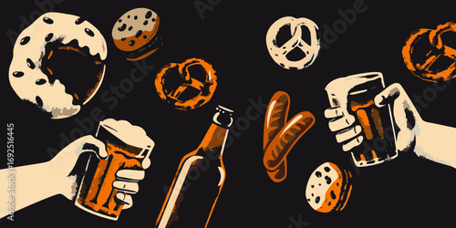Hands holding beer mugs and pretzels with sausages and cookies on a dark background