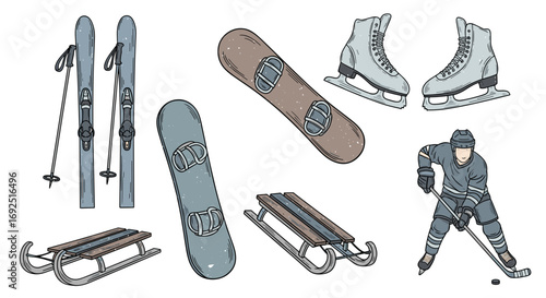 Illustration of winter sports equipment including hockey and sleds