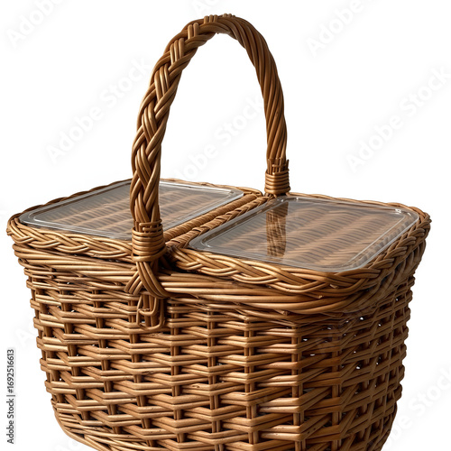 A rustic woven wicker picnic basket with a braided handle and clear lid, isolated on a white background