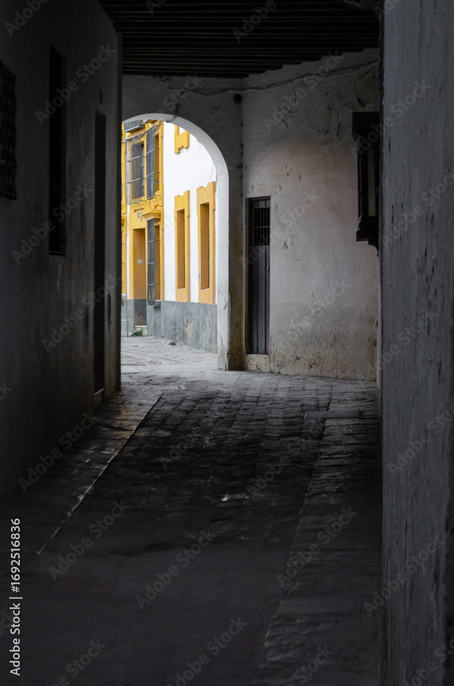 Fototapeta premium A quiet, shadowy alleyway opens up to a bright street in a historic town. The contrast highlights the hidden, secluded feel and the old architecture.
