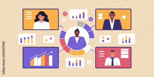 Diverse team collaborating remotely with data visualization and charts for business growth