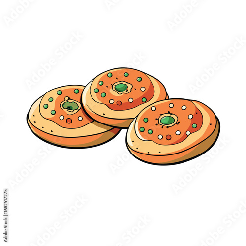 Delicious mini pizza bagels with assorted toppings presented clearly on a white background