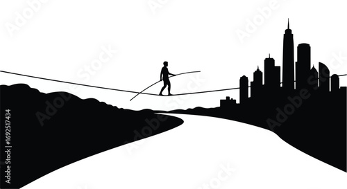 Silhouette of a person balancing on a tightrope with a city skyline in the distance.