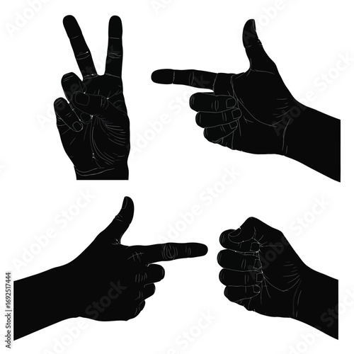 Four distinct hand gestures silhouetted against a white canvas symbolizing communication and action silhouette vector illustration white background