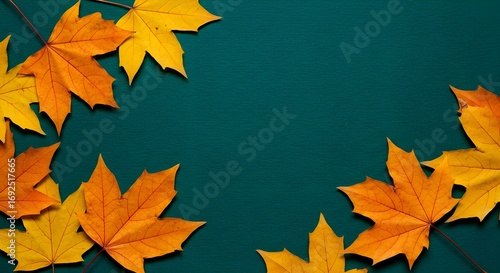 Fondo de otoño con hojas rojas de color sobre fondo de pizarra azul.