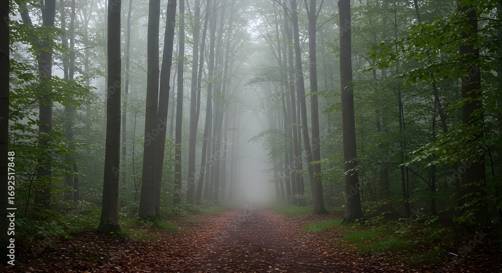 Naklejka premium Camino en el foggy otzarreta en Gorbea, Bizkaia, España