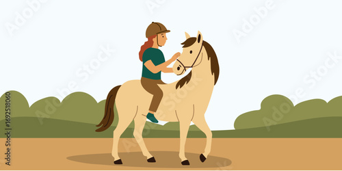 Therapeutic horse riding illustration showing child on horseback practicing equine assisted therapy for health, strength, and rehabilitation