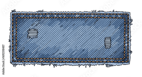 Rectangular blue denim patch with frayed edges and two small tears present