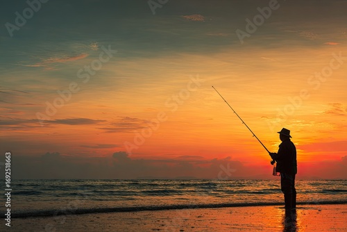 Silhouette of a fisherman at sunset