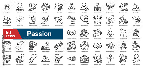 A collection of Passion icons. Containing energy, emotion, commitment, purpose, inspiration, inner spark, and devotion. Ideal for branding, creativity, and motivation.