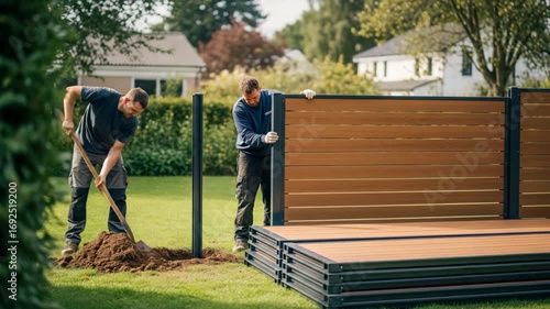 Workers installing modern wooden fence panels in a backyard garden, showing outdoor construction, privacy design, and landscape improvement with tools, soil preparation, and assembly.
