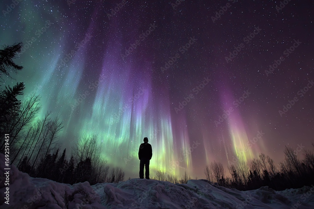 Fototapeta premium A solitary figure stands in awe of a vibrant aurora borealis display over a winter landscape