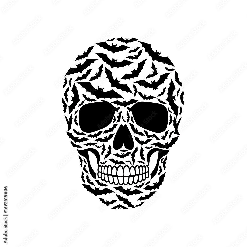 Fototapeta premium Skull Formed by a Pattern of Flying Bats on a White Background Halloween spooky