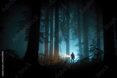 Silhouetted figure with flashlight in a mystical, foggy forest at night