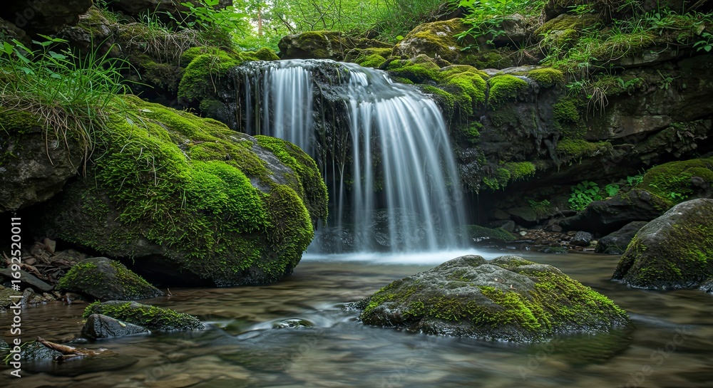 Obraz premium Serene Moss-Draped Waterfall: Lush Green Rocks and Silky Water