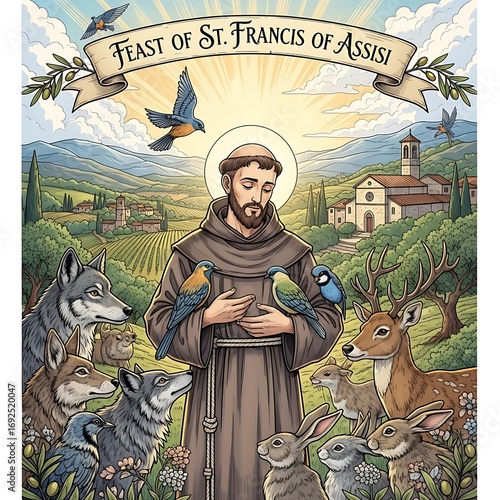 Saint francis of assisi surrounded by animals and nature on his feast day