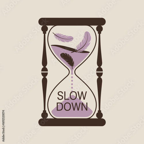 Hourglass filled with floating feathers symbolizing slow down time concept gentle relaxation peaceful moment and tranquility vector