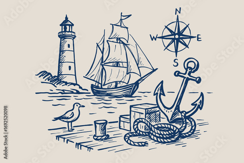 Nautical anchor lighthouse ship compass sketch thick line vector illustration