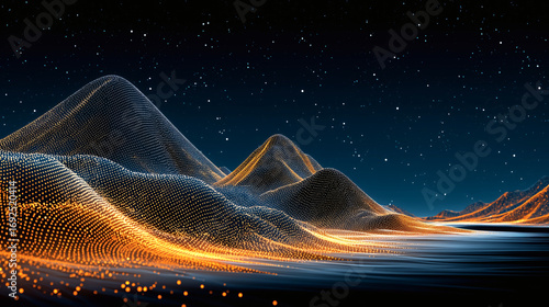 dark blue background with orange lines and mountains