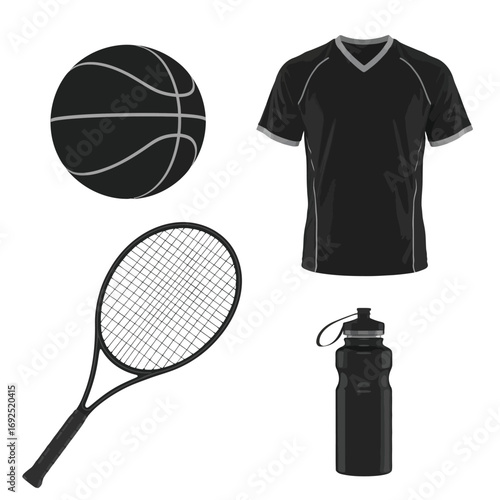 Collection of black sports equipment basketball jersey tennis racket water bottle silhouette vector illustration white background