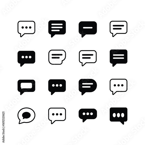 Diverse speech bubble icons for digital communication and messaging apps pack silhouette vector illustration white background