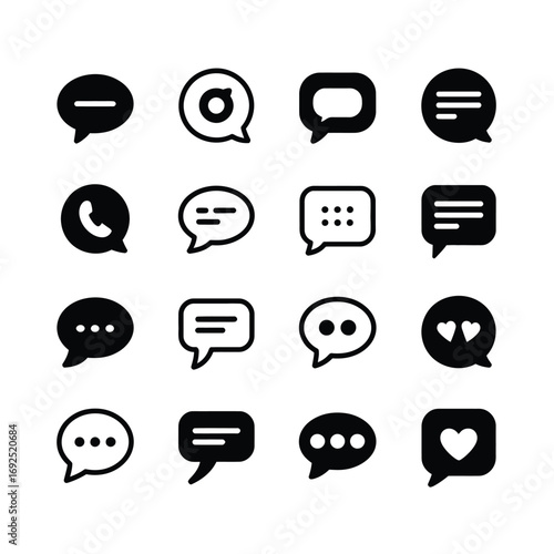 Collection of 16 diverse communication speech bubble icons for digital platforms silhouette vector illustration white background